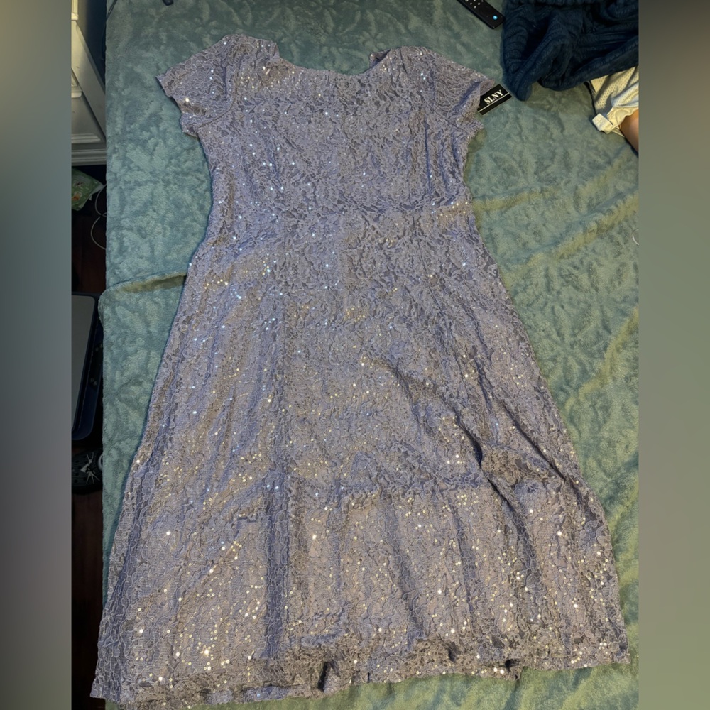 SLNY Lavender Sequin Lace Midi Dress